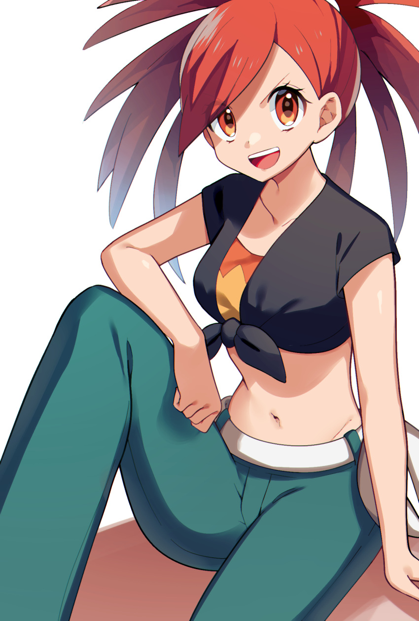1girl belt blue_pants commentary crop_top flannery_(pokemon) hand_on_own_knee highres knee_up midriff navel open_mouth pants pokemon pokemon_(game) pokemon_oras ponytail red_eyes redhead shirt short_sleeves sitting smile solo tied_shirt upper_teeth yuihico