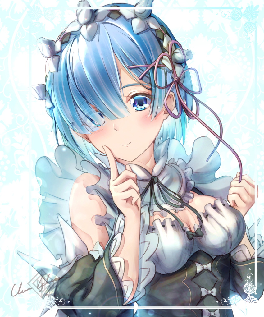 1girl absurdres artist_name bangs black_bow black_dress black_ribbon blue_eyes blue_hair blush bow breasts clear_glass_(mildmild1311) commentary_request detached_sleeves dress eyebrows_visible_through_hair eyes_visible_through_hair frilled_sleeves frills hair_ornament hair_over_one_eye hair_ribbon hands_up highres index_finger_raised long_sleeves looking_at_viewer maid_headdress medium_breasts neck_ribbon pink_ribbon re:zero_kara_hajimeru_isekai_seikatsu rem_(re:zero) ribbon shiny shiny_hair short_hair signature simple_background smile solo upper_body white_background x_hair_ornament
