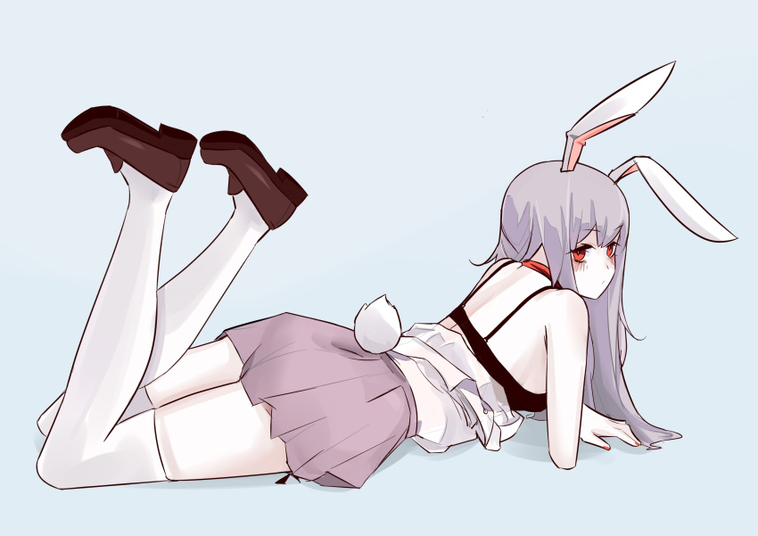 1girl :/ absurdres animal_ears ass bangs bare_shoulders blush bra closed_mouth eyebrows_visible_through_hair feet_up full_body highres light_blue_background long_hair looking_away lying nail_polish nao_jieshi on_stomach purple_hair purple_skirt rabbit_ears rabbit_tail red_eyes red_nails reisen_udongein_inaba shirt simple_background skirt solo tail thigh-highs touhou underwear uniform white_legwear white_shirt