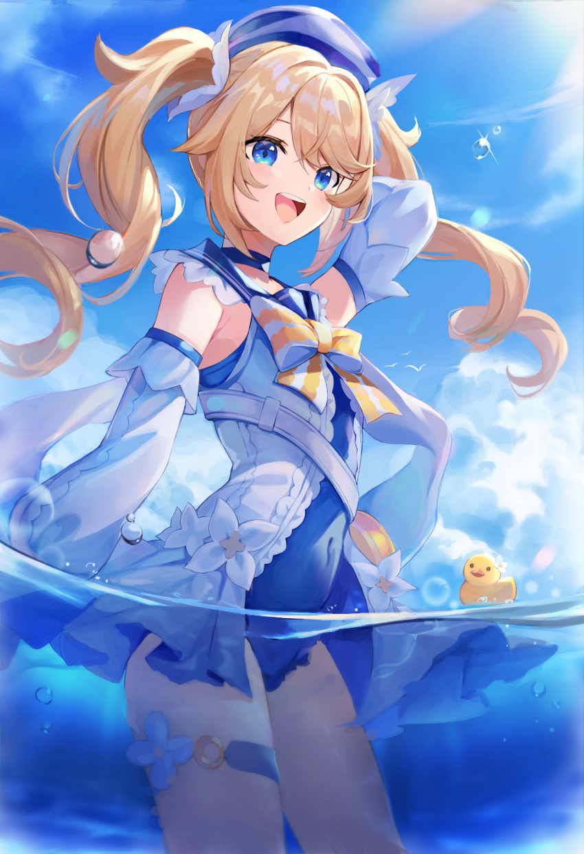 1girl :d arm_up bangs barbara_(genshin_impact) barbara_(summertime_sparkle)_(genshin_impact) bare_shoulders beach bird blonde_hair blue_eyes blue_sky bow bowtie covered_navel detached_sleeves doco_(doco3811) dress drill_hair duck frilled_skirt frills genshin_impact hat highres long_sleeves one-piece_swimsuit open_mouth sailor_collar sailor_dress sailor_hat skirt sky smile solo standing sunlight swimsuit thighlet twin_drills twintails water yellow_bow