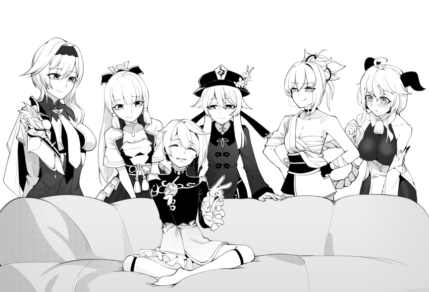 1boy 5girls :p ahoge armor armored_dress bandaged_arm bandages bangs bell black_hairband black_headwear black_shorts blunt_bangs blush bodystocking bodysuit breastplate breasts chen_zi clothing_cutout collared_coat couch cowbell detached_sleeves eula_(genshin_impact) eyebrows_visible_through_hair fingerless_gloves flower flower-shaped_pupils ganyu_(genshin_impact) genshin_impact gloves greyscale hadanugi_dousa hairband harem hat hat_flower highres horns hu_tao_(genshin_impact) japanese_armor japanese_clothes jewelry kamisato_ayaka kimono leotard leotard_under_clothes long_hair medium_hair meme monochrome multiple_girls neck_ring piper_perri_surrounded_(meme) plum_blossoms ponytail porkpie_hat rope sarashi shimenawa shorts shoulder_cutout sidelocks single_fingerless_glove socks symbol-shaped_pupils tassel tied_hair tongue tongue_out xingqiu_(genshin_impact) yoimiya_(genshin_impact)