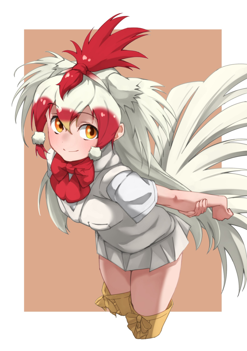 1girl absurdres arms_behind_back bird_girl bird_wings blush boots bow bowtie chicken_(kemono_friends) commentary_request cowboy_shot eyebrows_visible_through_hair head_wings highres kemono_friends long_hair looking_at_viewer multicolored_hair orange_eyes pleated_skirt red_neckwear redhead shirt short_sleeves skirt solo t-shirt tanabe_(fueisei) thigh-highs thigh_boots two-tone_hair white_hair white_shirt white_skirt wings yellow_footwear