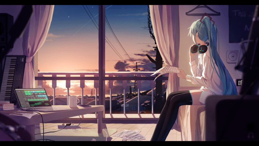 1girl absurdres aqua_hair balcony bed black_legwear blurry blurry_foreground book book_stack cable cellphone city clock clothes_hanger clouds commentary computer cup digital_clock electric_socket extension_cord feet_out_of_frame from_side glass_door hair_ornament hatsune_miku headphones headphones_around_neck highres holding holding_headphones holding_paper house indoors instrument keyboard_(instrument) laptop long_hair looking_away looking_to_the_side mug paper phone power_lines scenery sheet_music shirt shun'ya_(daisharin36) sitting smartphone solo star_(sky) sunset table thigh-highs transmission_tower tree twintails very_long_hair vocaloid white_shirt wide_shot wooden_floor zettai_ryouiki