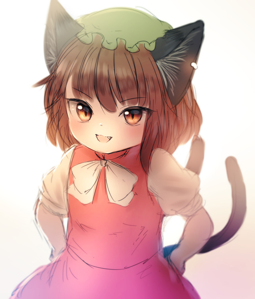 1girl :d animal_ear_fluff animal_ears bangs blurry blush bow bowtie brown_hair cat_ears cat_tail chen depth_of_field earrings eyebrows_visible_through_hair fang flat_chest gradient gradient_background green_headwear hands_on_hips hat highres jewelry looking_at_viewer mob_cap nekomata niwaniwatori open_mouth puffy_short_sleeves puffy_sleeves red_skirt red_vest short_hair short_sleeves simple_background single_earring sketch skirt smile solo tail touhou vest white_background white_bow white_neckwear