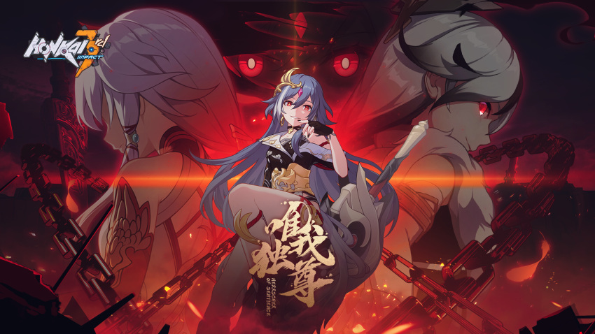3girls asymmetrical_sleeves bangs black_nails chain china_dress chinese_clothes dress fingerless_gloves fu_hua fu_hua_(herrscher_of_sentience) fu_hua_(phoenix) fu_hua_(valkyrie_accipter) gloves glowing glowing_eyes grey_hair hair_between_eyes hair_ornament highres honkai_(series) honkai_impact_3rd looking_at_viewer looking_back multicolored_hair multiple_girls multiple_persona official_art official_wallpaper red_eyes streaked_hair uneven_sleeves white_hair