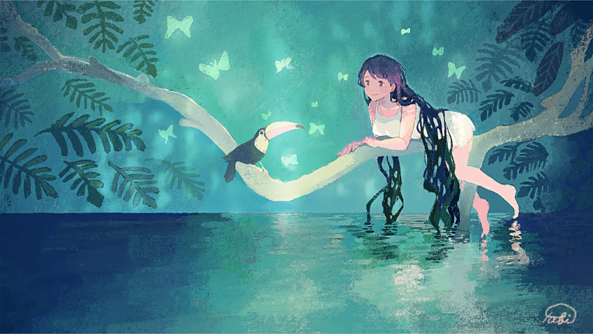 1girl bangs bare_legs barefoot bird black_hair branch breasts bug butterfly dress green_theme insect leaf long_hair original plant reflection ripples smile solo tabisumika toucan very_long_hair white_dress wide_shot