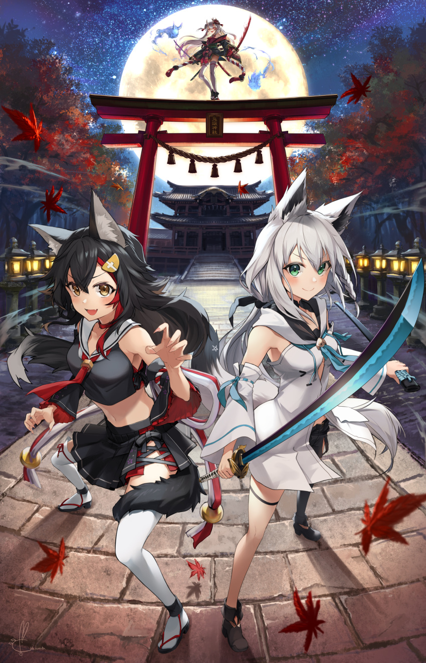 3girls absurdres animal_ear_fluff animal_ears bangs black_hair black_shorts black_skirt blue_neckwear braid breasts claw_pose commentary_request detached_sleeves dual_wielding eyebrows_visible_through_hair fisheye floating_hair fox_ears fox_girl fox_tail full_moon green_eyes grey_hair grin hair_between_eyes hair_ornament hair_ribbon hairclip highres holding holding_sheath holding_sword holding_weapon hololive hololive_alternative hood hoodie horns japanese_clothes karma_(nakiri_ayame) katana kimono kito_koruta leaf long_hair looking_at_viewer maple_leaf mask mask_on_head medium_breasts moon multicolored_hair multiple_girls nakiri_ayame neckerchief night oni_horns oni_mask ookami_mio open_mouth pose red_eyes red_kimono redhead ribbon sheath shirakami_fubuki shiranui_(nakiri_ayame) short_shorts shorts sidelocks signature single_braid single_thighhigh skirt sky smile star_(sky) starry_sky streaked_hair sword tail tail_around_leg temple thigh-highs thigh_strap torii tree two-tone_hair virtual_youtuber weapon white_hair white_hoodie white_legwear wolf_ears wolf_girl wolf_tail yellow_eyes
