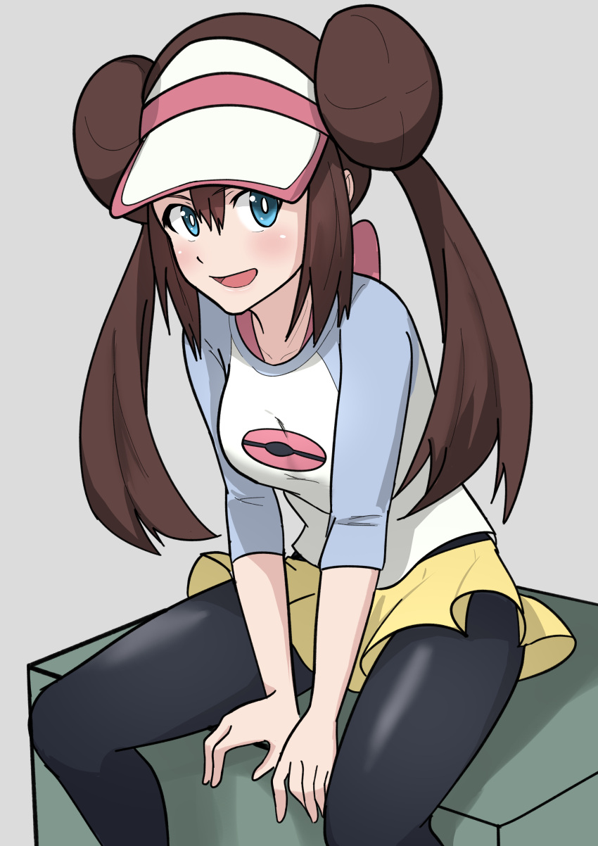 1girl absurdres black_legwear blue_eyes blush bow breasts brown_hair double_bun doughnut_hair_bun highres leaning_forward legwear_under_shorts long_hair looking_at_viewer open_mouth pantyhose pink_bow poke_ball_print pokemon pokemon_(game) pokemon_bw2 raglan_sleeves rosa_(pokemon) short_shorts shorts simple_background sitting smile thighs twintails vanishingknife very_long_hair visor_cap yellow_shorts