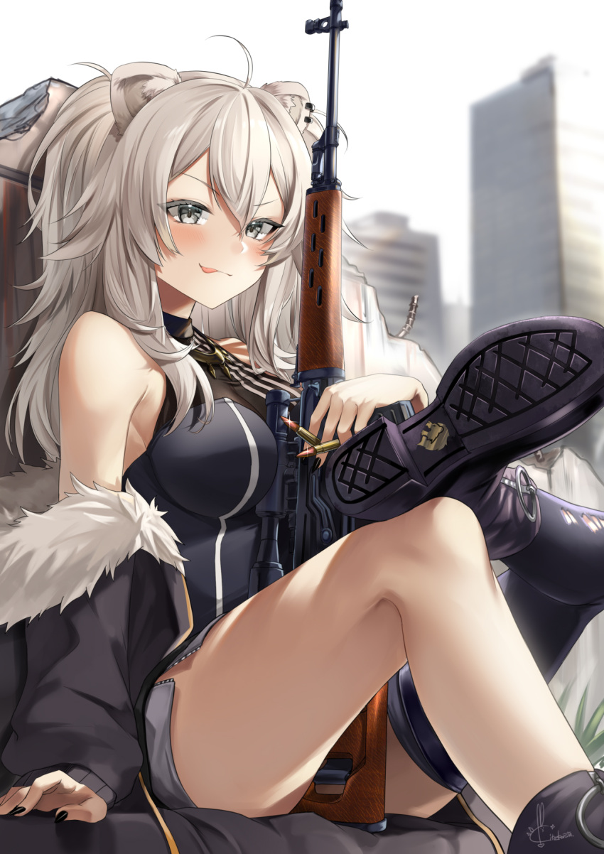 1girl :p ahoge animal_ear_fluff animal_ears bangs bare_shoulders between_thighs black_footwear black_jacket black_legwear black_nails black_shirt blurry blurry_background blush boots breasts cartridge city commentary_request ear_piercing eyebrows_visible_through_hair fingernails foot_out_of_frame fur-trimmed_jacket fur_trim grey_eyes gun hair_between_eyes highres holding holding_gun holding_weapon hololive jacket kito_koruta large_breasts lion_ears lion_girl long_fingernails long_hair long_sleeves nail_polish off_shoulder open_clothes open_jacket outdoors piercing rifle shirt shishiro_botan signature silver_hair single_thighhigh sitting sleeveless sleeveless_shirt sniper_rifle solo thigh-highs tongue tongue_out virtual_youtuber weapon