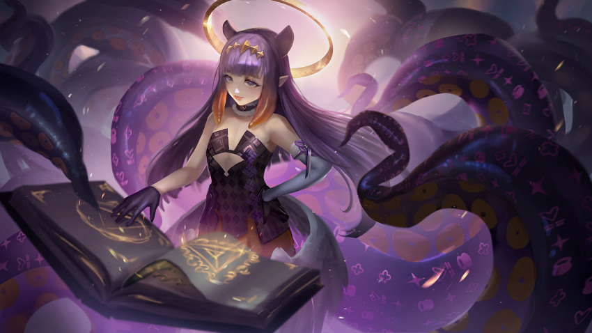 1girl argyle bangs black_gloves book cglas flat_chest gloves gradient_hair grimoire halo hand_on_hip highres hololive hololive_english long_hair multicolored_hair ninomae_ina'nis open_book pointy_ears purple_hair solo tentacles very_long_hair violet_eyes