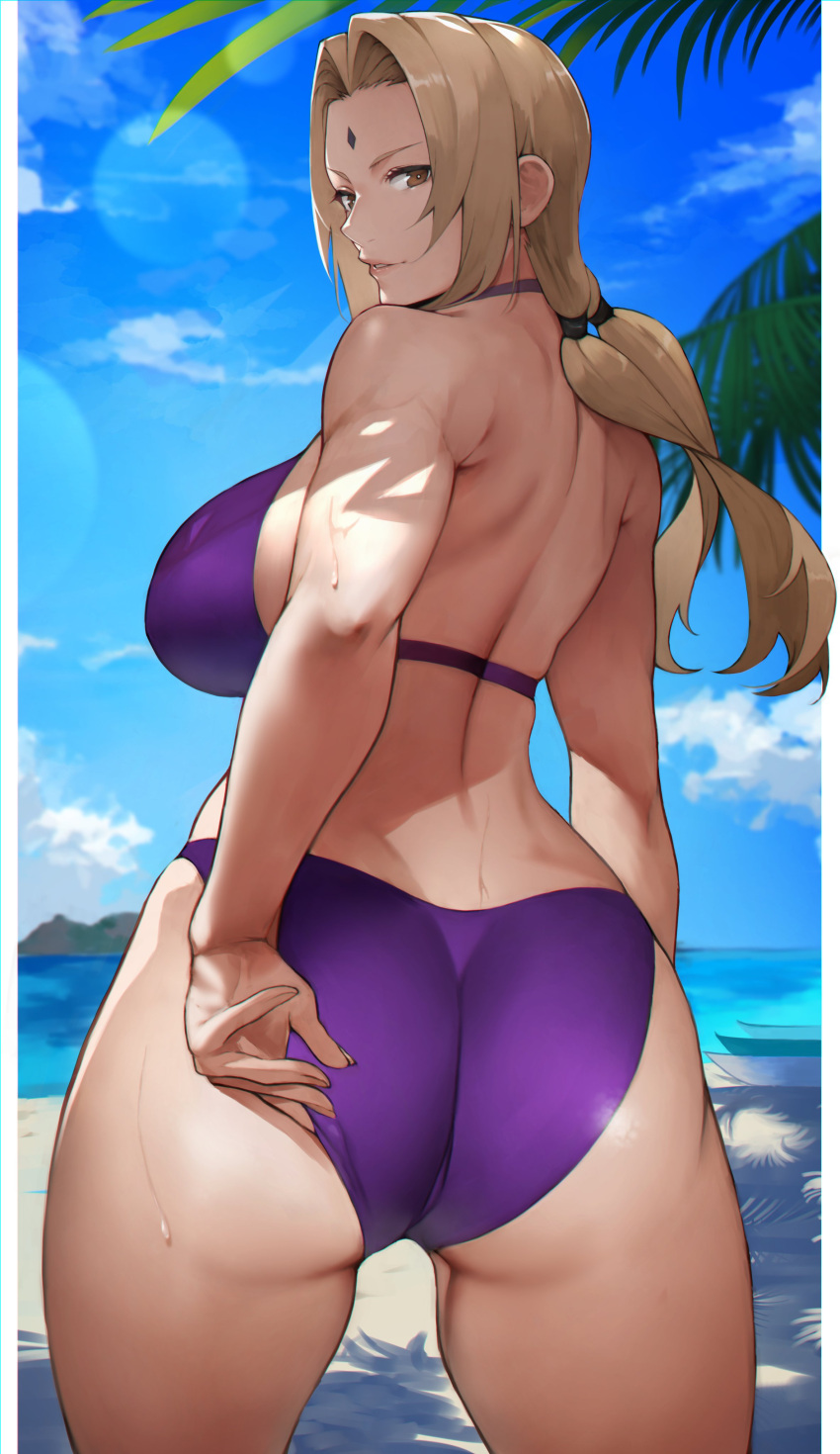 1girl absurdres arm_behind_back ass bare_shoulders beach bikini blonde_hair blue_sky breasts brown_eyes clouds cowboy_shot day facial_mark forehead_mark from_behind highres legs_apart lens_flare long_hair looking_at_viewer looking_back mature_female naruto_(series) ocean outdoors parted_lips purple_bikini sand skindentation sky solo standing swimsuit thighs tsunade_(naruto) wet yoshio_(55level)