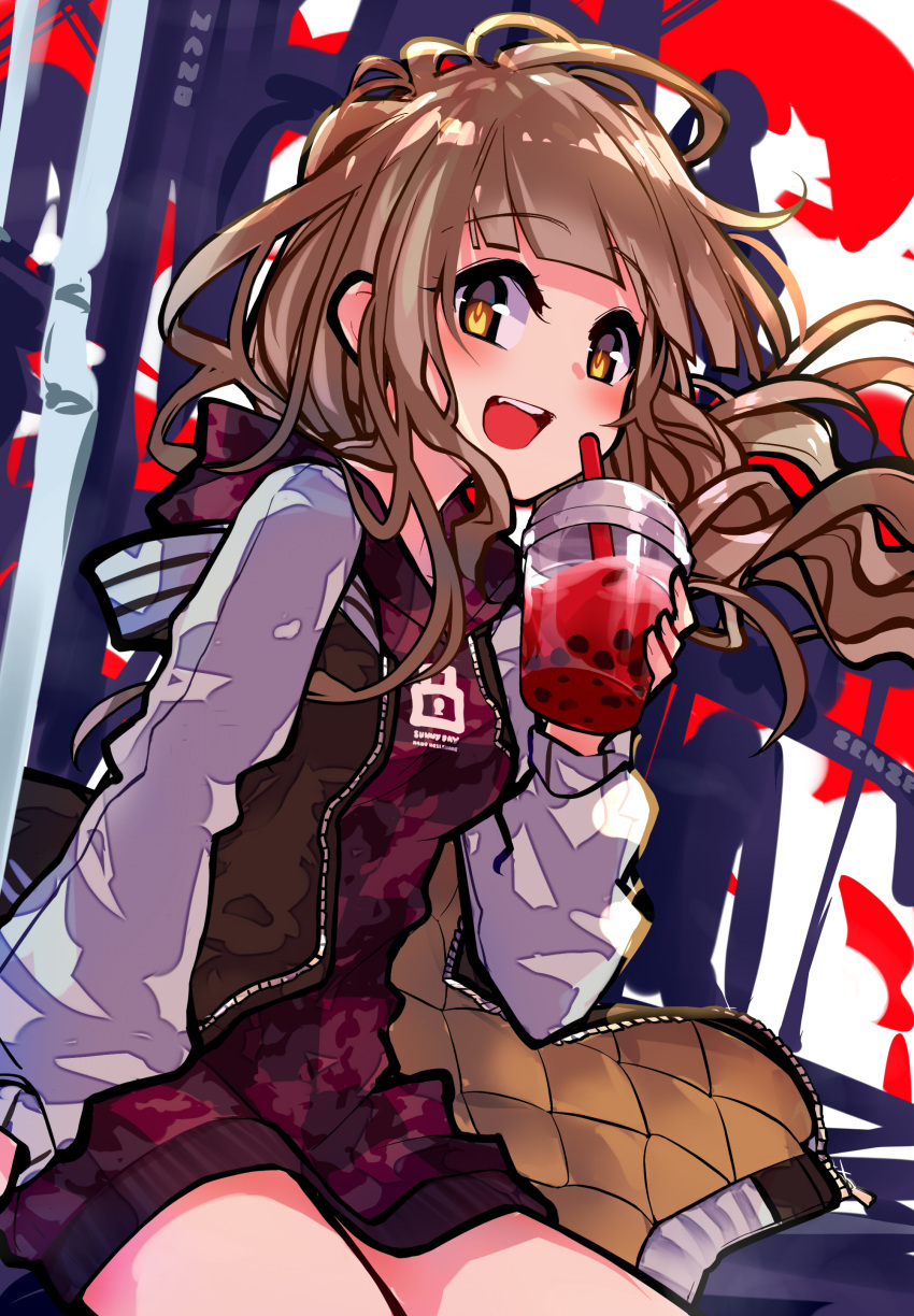 1girl :d absurdres blonde_hair drinking_straw highres holding hood hoodie jacket juice letterman_jacket long_hair long_sleeves looking_at_viewer nanozenzen open_mouth reality_arc_(sinoalice) red_hoodie red_riding_hood_(sinoalice) sinoalice smile solo teeth wavy_hair yellow_eyes