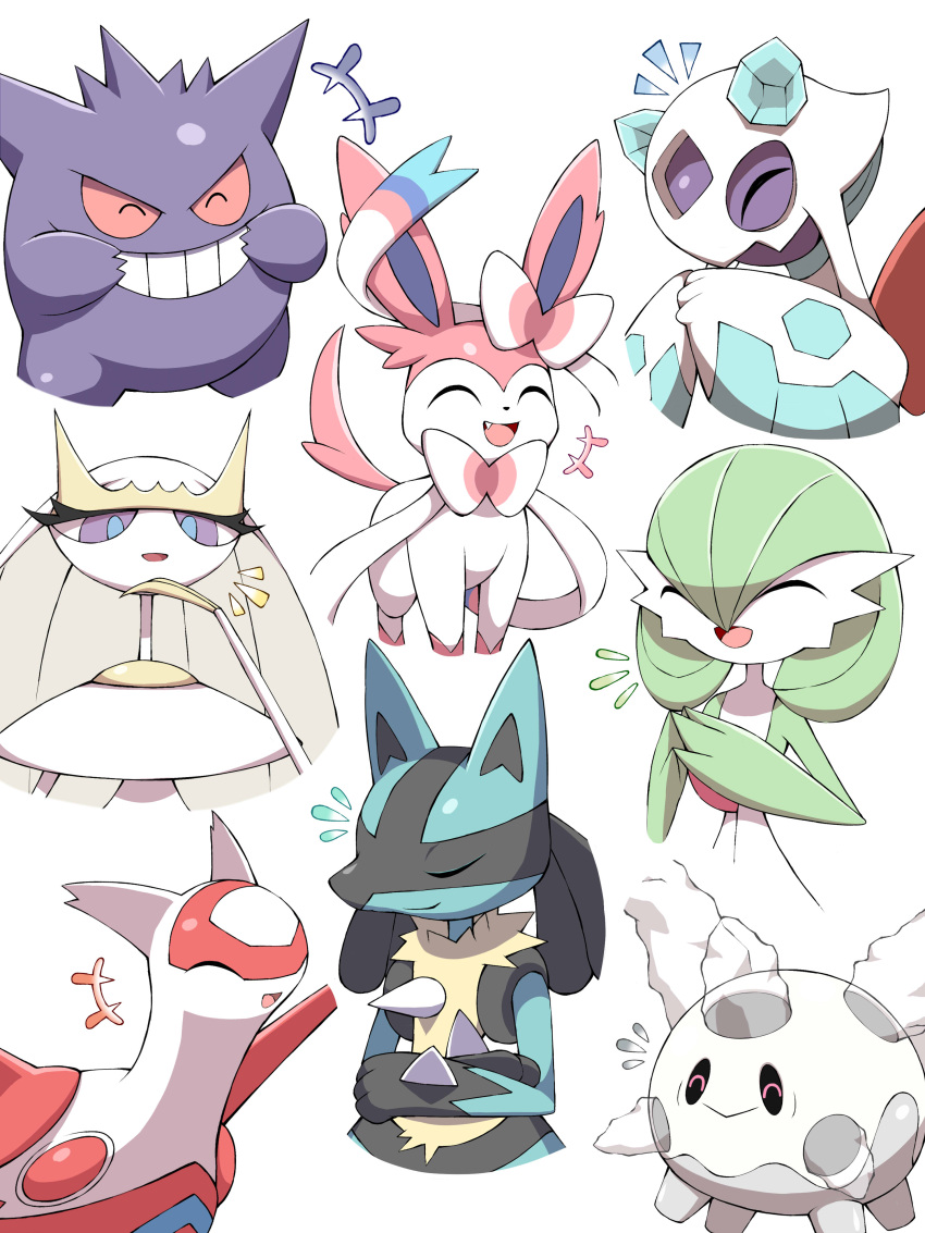 +++ :&gt; absurdres closed_eyes closed_mouth commentary eyelashes fang froslass furry galarian_corsola galarian_form gardevoir gen_1_pokemon gen_3_pokemon gen_4_pokemon gen_6_pokemon gen_7_pokemon gen_8_pokemon gengar grin hand_up hands_together highres latias laughing legendary_pokemon lucario open_mouth pheromosa pokemon shabana_may smile spikes steepled_fingers sylveon teeth tongue ultra_beast white_background yellow_fur