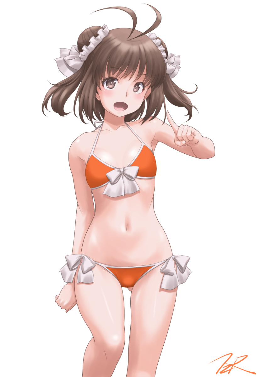1girl antenna_hair ass_visible_through_thighs bikini brown_eyes brown_hair commentary_request double_bun flat_chest highres idol kantai_collection looking_at_viewer naka_(kancolle) orange_bikini revision short_hair simple_background smile solo standing swimsuit t2r white_background