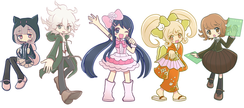 2boys 3girls :d :o animal_ears animal_hood backpack bag bangs black_jacket black_legwear black_shirt blush_stickers boots bow bowtie brown_footwear brown_hair brown_skirt cat_hair_ornament cat_hood chain commentary_request crossdressinging dangan_ronpa:_trigger_happy_havoc dangan_ronpa_(series) dangan_ronpa_2:_goodbye_despair dress dress_shirt eyebrows_visible_through_hair fake_animal_ears fujisaki_chihiro green_bow green_jacket hair_bow hair_ornament hairclip hand_fan holding holding_fan hood hood_up hooded_jacket idol invisible_chair jacket japanese_clothes keroro7 kimono kneehighs komaeda_nagito long_hair long_legs long_sleeves maizono_sayaka multiple_boys multiple_girls nanami_chiaki neck_ribbon no_hair_ornament official_alternate_costume one_eye_closed open_clothes open_jacket open_mouth orange_kimono otoko_no_ko parody pink_bow pink_dress pink_footwear pleated_skirt print_shirt red_ribbon reference_request ribbon saionji_hiyoko shirt shoes short_hair simple_background sitting skirt smile style_parody white_background white_shirt