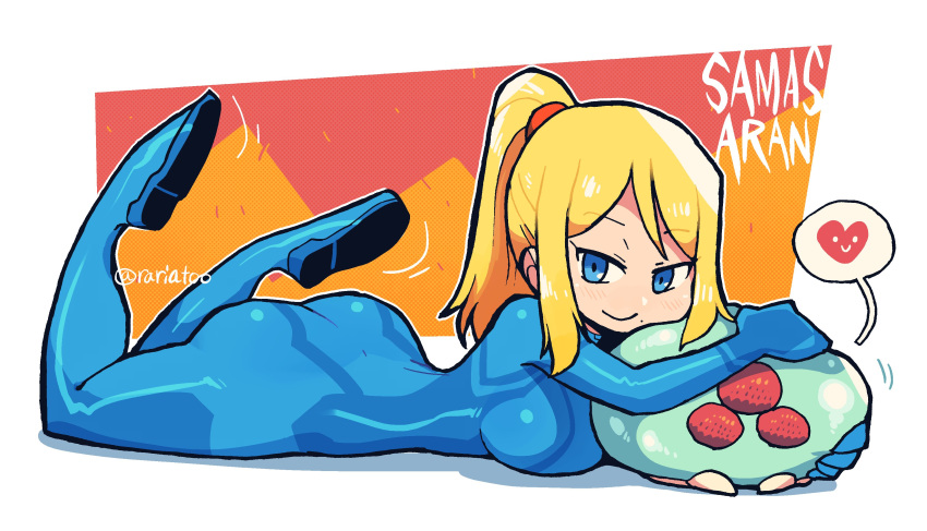 1girl absurdres ass blonde_hair blue_eyes bodysuit breasts character_name heart highres legs_up looking_at_viewer lying metroid metroid_(creature) mole mole_under_mouth on_stomach ponytail rariatto_(ganguri) samus_aran smile spoken_heart zero_suit