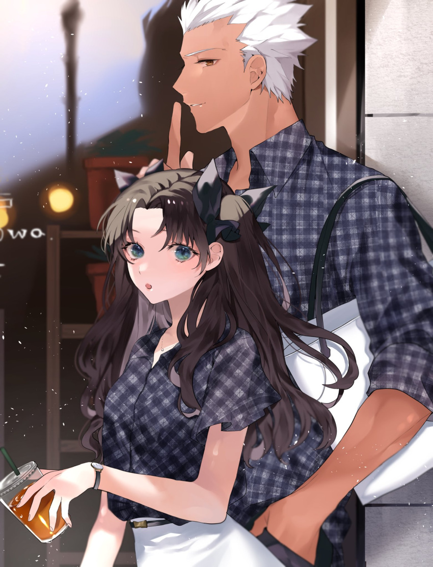 1boy 1girl :o alternate_costume archer_(fate) bangs black_bow bow collared_shirt commentary_request cup dark_skin disposable_cup drinking_straw fate/stay_night fate_(series) from_side grey_hair hair_bow highres holding jewelry long_hair looking_at_viewer necklace open_mouth parted_bangs parted_lips plaid plaid_shirt profile shimatori_(sanyyyy) shirt skirt teeth tohsaka_rin two_side_up watch watch white_bag white_hair white_skirt