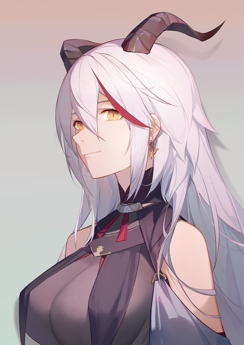 1girl absurdres aegir_(azur_lane) azur_lane bare_shoulders black_gloves bodystocking breast_curtains breasts broken_(7589468) cross cross_earrings demon_horns earrings elbow_gloves gloves gradient gradient_background hair_between_eyes highres horns impossible_clothes jewelry large_breasts long_hair multicolored_hair redhead simple_background skin_tight solo streaked_hair two-tone_hair upper_body white_hair yellow_eyes