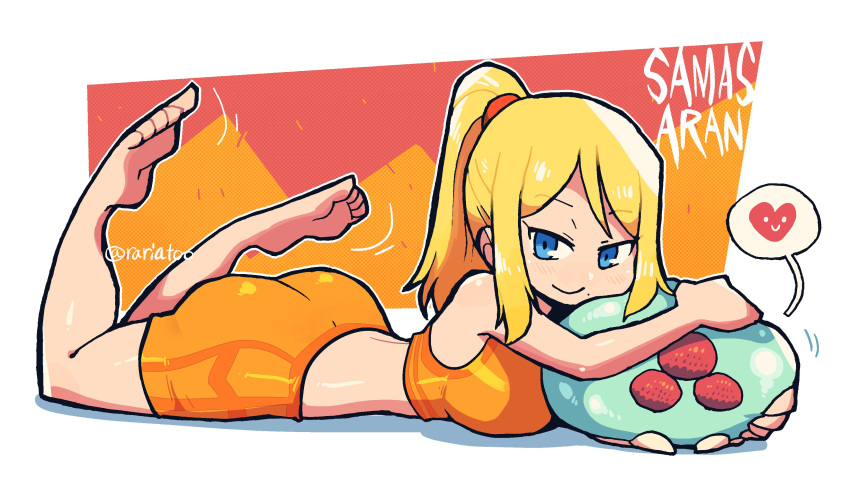 1girl absurdres ass barefoot blonde_hair blue_eyes breasts character_name crop_top feet heart highres legs_up looking_at_viewer lying metroid metroid_(creature) mole mole_under_mouth on_stomach ponytail rariatto_(ganguri) samus_aran short_shorts shorts smile spoken_heart toes