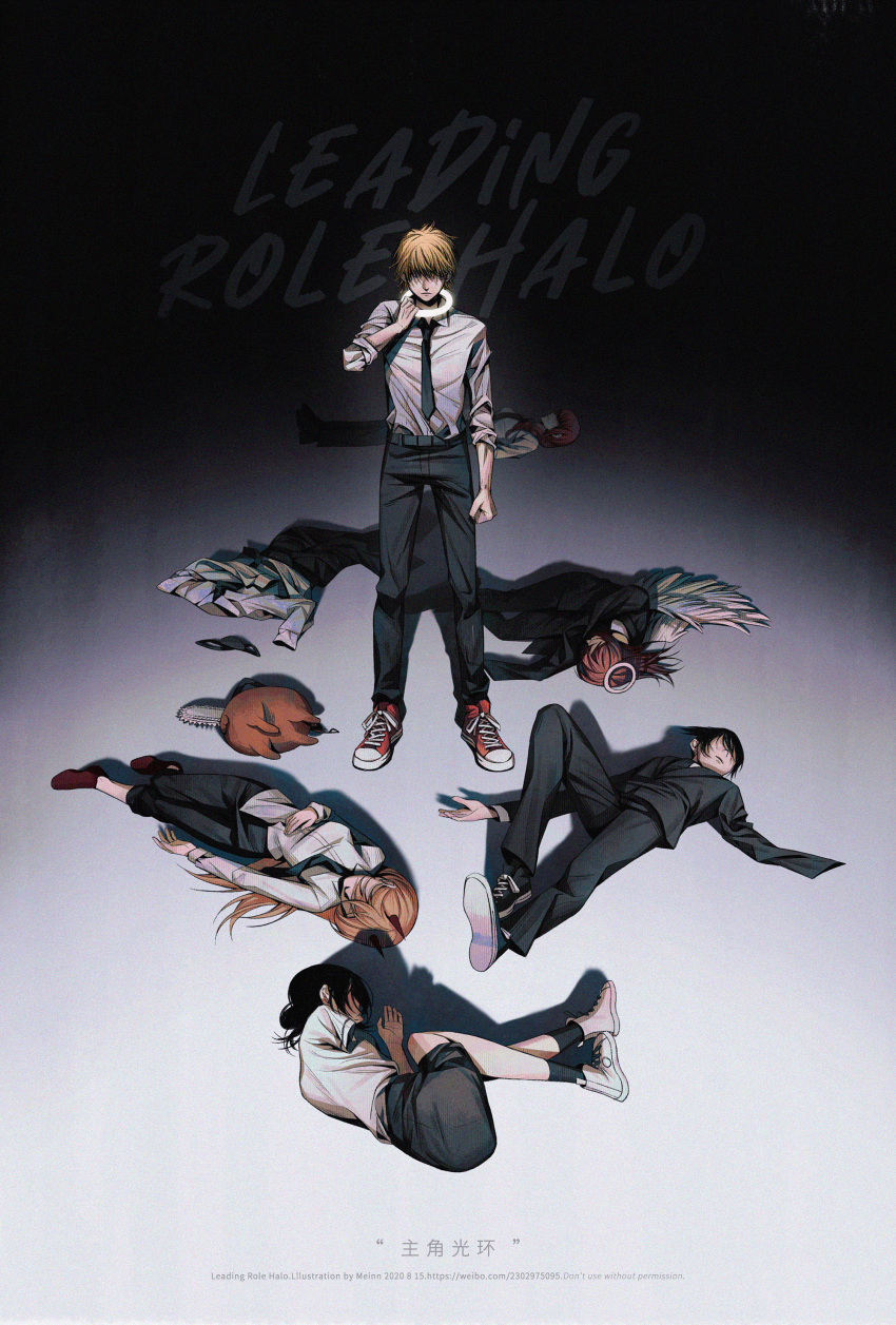 2boys 4girls absurdres angel angel_devil_(chainsaw_man) angel_wings angry bangs black_footwear black_hair black_legwear black_neckwear black_pants black_skirt blonde_hair business_suit chainsaw_man clenched_hand collared_shirt commentary demon_horns denji_(chainsaw_man) earrings eyepatch faceless facing_viewer feathered_wings fetal_position formal full_body hair_behind_ear hair_bun halo hand_on_own_stomach hayakawa_aki_(chainsaw_man) high-waist_pants highres holding_halo horns jewelry leg_up long_hair long_sleeves lying makima_(chainsaw_man) medium_hair mrmeinn multiple_boys multiple_girls necktie no_arms no_shoes on_back on_ground on_side orange_hair pants pants_rolled_up pochita_(chainsaw_man) power_(chainsaw_man) quanxi_(chainsaw_man) red_footwear red_legwear redhead reze_(chainsaw_man) ringed_eyes shirt shirt_tucked_in shoes short_hair short_sleeves skirt sleeves_rolled_up sneakers spoilers standing stud_earrings suit t-shirt white_legwear white_shirt white_wings wings