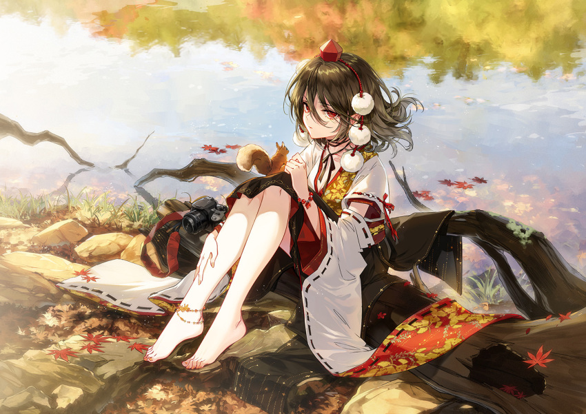 1girl black_hair black_skirt camera detached_sleeves eyebrows_visible_through_hair feet greek_toe hat kieta kourindou_tengu_costume leaf leaf_print maple_leaf medium_hair pom_pom_(clothes) red_eyes reflection river shameimaru_aya sitting skirt solo squirrel tengu tokin_hat touhou water