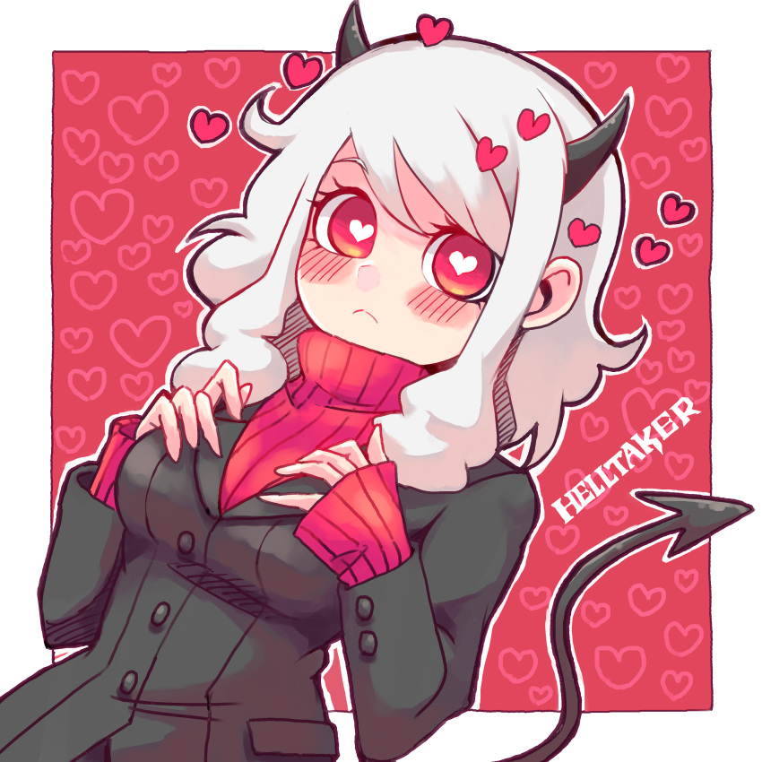 1girl absurdres black_horns blazer blush breasts commentary copyright_name demon_girl demon_horns demon_tail frown hands_on_own_chest heart heart-shaped_pupils heart_background heart_eyes helltaker highres horns jacket large_breasts looking_at_viewer medium_hair modeus_(helltaker) outline red_eyes red_sweater ribbed_sweater solo sweater symbol-shaped_pupils tail white_hair white_outline yoshikoro