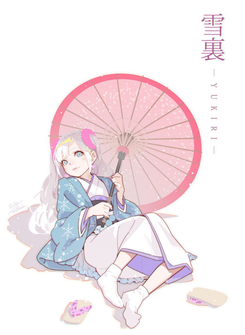 1girl absurdres blue_eyes blue_kimono character_name closed_mouth earrings footwear_removed heart heart_earrings highres japanese_clothes jewelry kimono long_hair looking_at_viewer lying muk_(monsieur) oil-paper_umbrella original simple_background socks solo tabi umbrella white_background white_hair