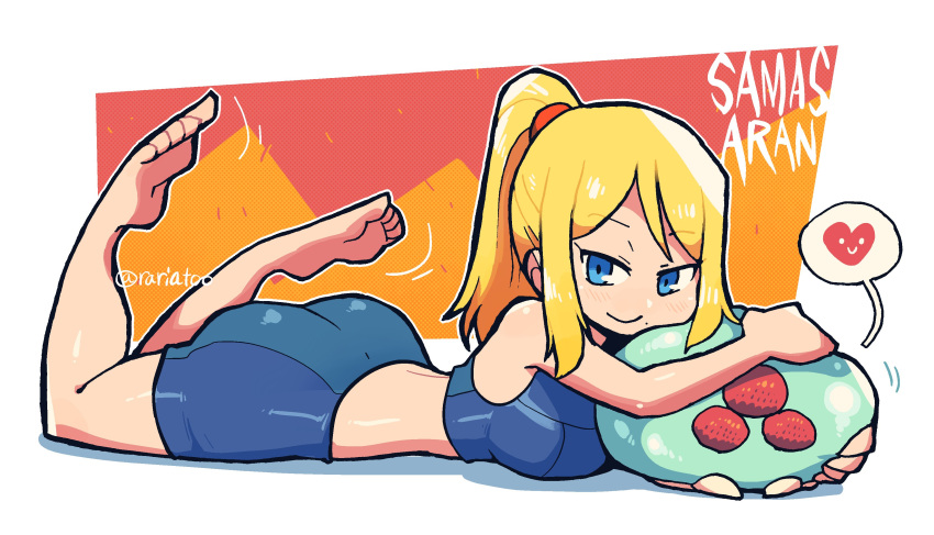 1girl absurdres ass barefoot blonde_hair blue_eyes breasts character_name crop_top feet heart highres legs_up looking_at_viewer lying metroid metroid_(creature) metroid_fusion mole mole_under_mouth on_stomach ponytail rariatto_(ganguri) samus_aran short_shorts shorts smile spoken_heart toes