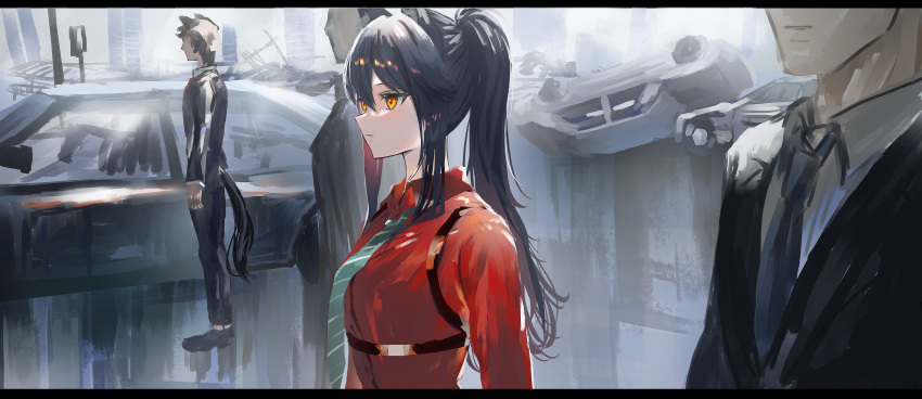 1girl 3others absurdres animal_ears arknights black_hair car commentary_request green_neckwear ground_vehicle highres huge_filesize letterboxed long_hair motor_vehicle multicolored_hair multiple_others nanaponi necktie official_alternate_costume ponytail red_shirt redhead shirt solo_focus texas_(arknights) texas_(willpower)_(arknights) two-tone_hair upper_body wolf_ears yellow_eyes