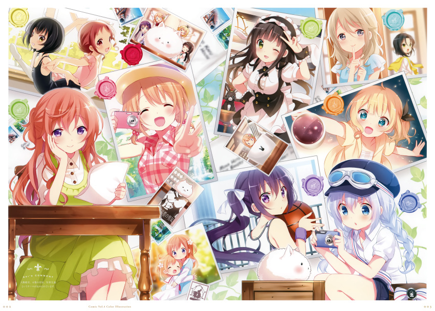 &gt;_&lt; 6+girls :d ;d absurdres anko_(gochiusa) aoyama_blue_mountain apron aqua_eyes arms_up artist_name bangs baseball_cap basketball black_hair black_ribbon black_skirt blue_eyes blue_headwear blunt_bangs blush bow brown_eyes brown_hair camera collared_shirt dancing dress dress_shirt facing_viewer finger_to_mouth fleur_de_lapin_uniform flower gochuumon_wa_usagi_desu_ka? goggles goggles_on_head green_dress green_eyes grin hair_bow hair_flower hair_ornament hair_ribbon hat highres holding holding_camera hoto_cocoa hug huge_filesize index_finger_raised jouga_maya kafuu_chino kirima_sharo koi_(koisan) long_hair looking_at_viewer looking_back maid_headdress mate_rin multiple_girls natsu_megumi official_art one_eye_closed open_mouth outstretched_arms photo_background pinafore_dress plaid plaid_shirt purple_hair red_eyes redhead ribbon shirt short_hair shushing silver_hair skirt sleeveless sleeveless_shirt smile sun_hat swept_bangs table tedeza_rize tippy_(gochiusa) ujimatsu_chiya v very_long_hair violet_eyes waist_apron white_apron white_bow white_flower white_legwear white_shirt wing_collar wrist_cuffs