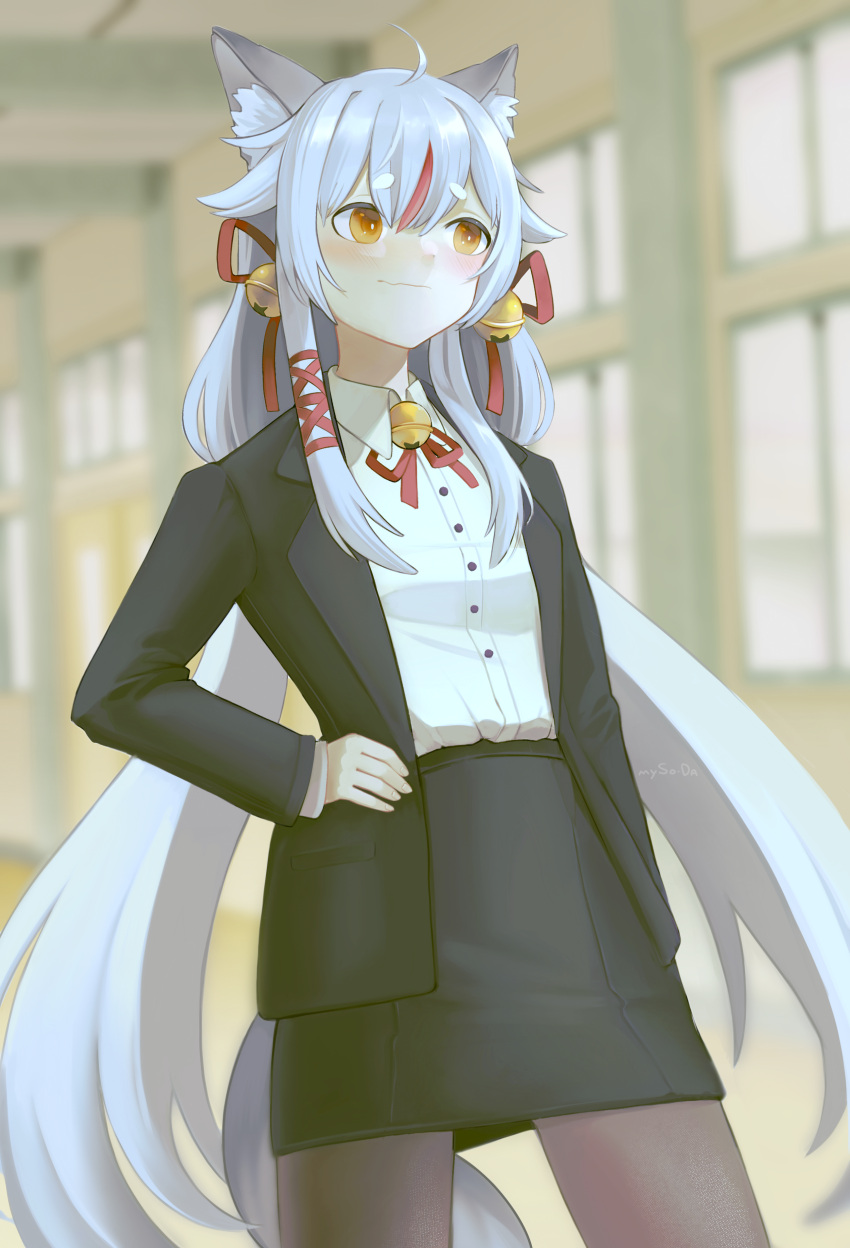 1girl absurdres ahoge animal_ear_fluff animal_ears bell black_skirt black_suit blurry blurry_background brown_eyes eyebrows_visible_through_hair formal fox_girl hair_bell hair_ornament hair_ribbon hand_on_hip highres indie_virtual_youtuber kamiko_kana long_hair multicolored multicolored_hair mysoda neck_bell neck_ribbon pantyhose red_ribbon redhead ribbon shirt_tucked_in short_eyebrows skirt solo streaked_hair suit tail tsunderia twintails very_long_hair virtual_youtuber walking wavy_mouth white_hair window