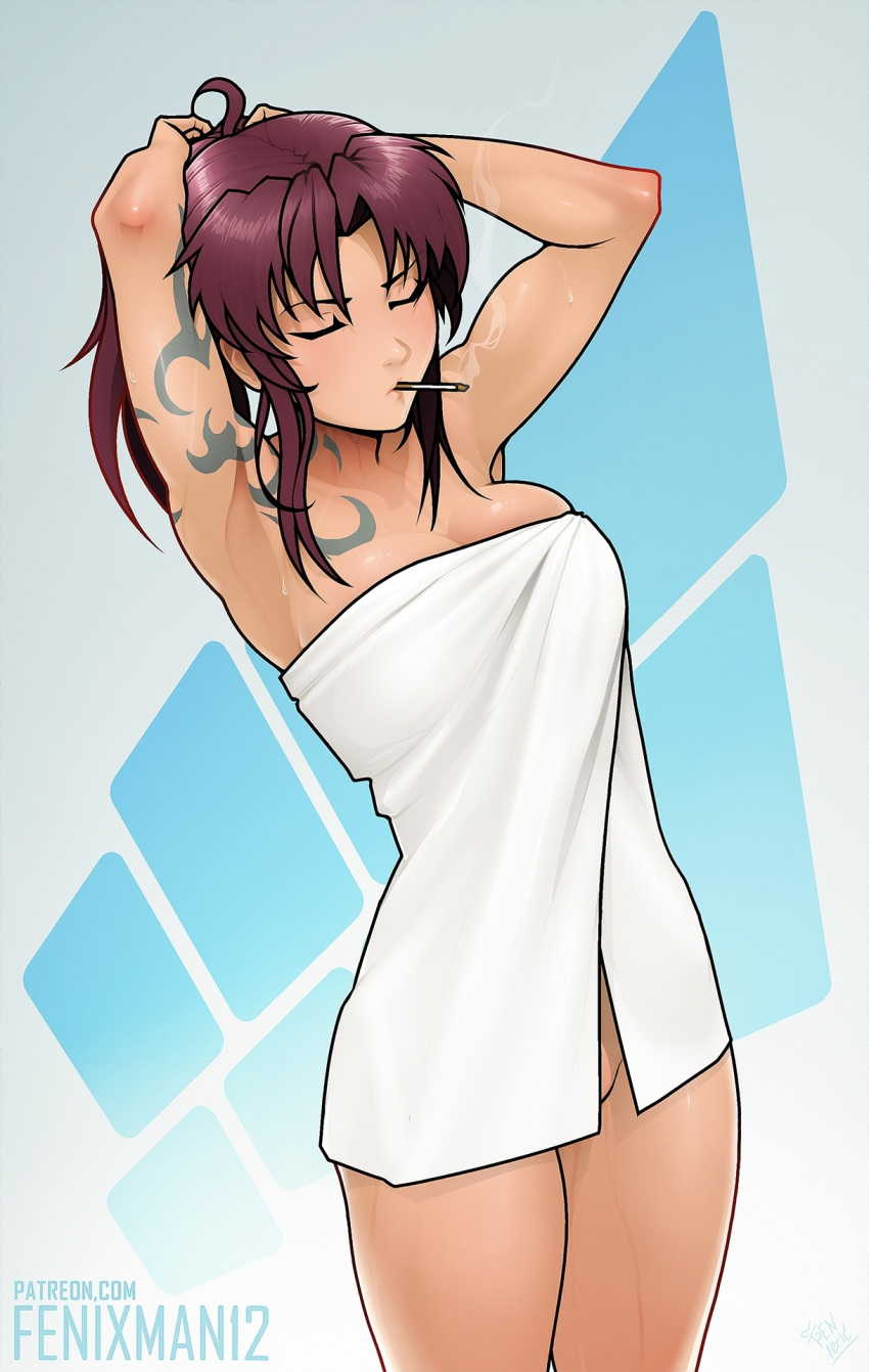 1girl arms_up artist_name black_lagoon blue_background breasts cigarette closed_eyes commentary cowboy_shot fenixman12 gradient gradient_background grey_background groin highres large_breasts long_hair naked_towel ponytail purple_hair revy_(black_lagoon) skindentation smoking solo tattoo towel tying_hair wet