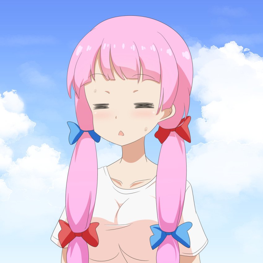 1girl =_= alternate_costume bangs blue_bow blue_sky bow breasts cato_(monocatienus) closed_eyes clouds collarbone commentary hair_bow highres hot large_breasts long_hair patchouli_knowledge pink_hair red_bow short_sleeves sky solo sweat touhou triangle_mouth upper_body white_sleeves