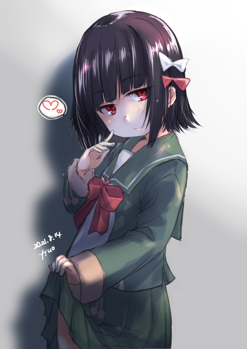 1girl absurdres black_hair commentary_request cowboy_shot dated fyuo green_jacket green_sailor_collar green_skirt hair_ribbon highres ishigaki_(kancolle) jacket kantai_collection lifted_by_self long_sleeves looking_at_viewer neck_ribbon one-hour_drawing_challenge pleated_skirt red_ribbon ribbon sailor_collar school_uniform serafuku shadow short_hair signature skirt solo violet_eyes white_ribbon