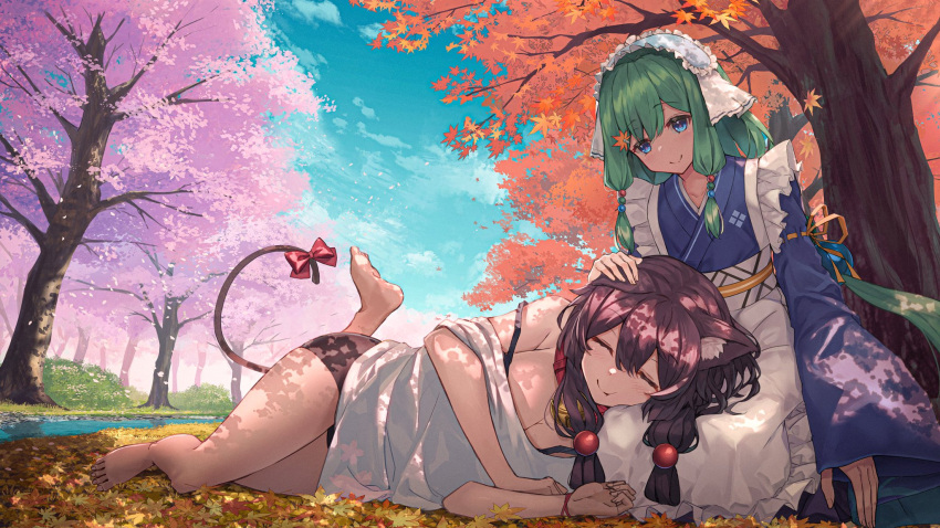 2girls :t akikaze_ribe animal_collar animal_ears apron bare_legs bell black_hair black_shorts blue_eyes blue_kimono blush cat_ears cat_tail cherry_blossoms closed_eyes collar falling_leaves falling_petals frilled_apron frills green_hair hair_bobbles hair_ornament headpat highres hopepe indie_virtual_youtuber japanese_clothes kimono lap_pillow leaf leaf_hair_ornament leg_up long_hair lying maid_apron maid_headdress maple_leaf maple_tree multiple_girls neck_bell off-shoulder_shirt off_shoulder on_side original outdoors petals ribbon shirt shorts tail tail_ornament tail_ribbon tree uiharu_mio wa_maid white_apron wide_sleeves wristband