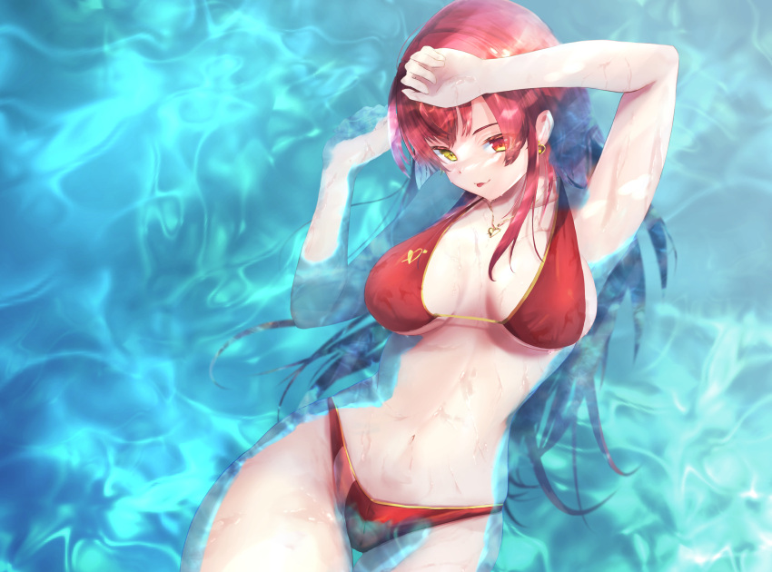 1girl :p arrow_through_heart bikini blush breasts breasts_apart contrapposto earrings hair_down halter_top halterneck heart heart_earrings heart_necklace heterochromia highres hololive houshou_marine jewelry large_breasts long_hair looking_at_viewer lying navel on_back partially_submerged red_bikini red_eyes senritsu_(senritu422) skindentation smile solo stomach string_bikini swimsuit tongue tongue_out virtual_youtuber water yellow_eyes