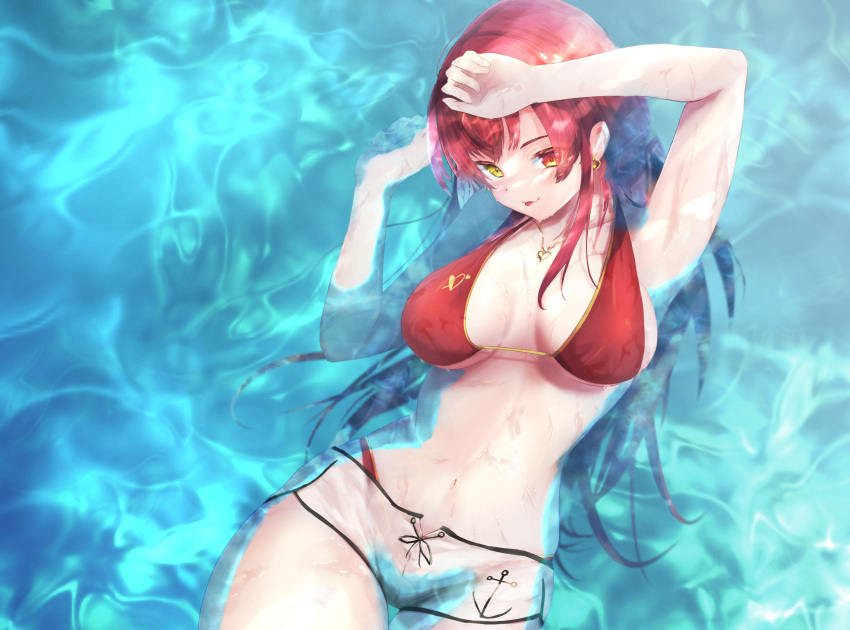 1girl :p arrow_through_heart bikini bikini_under_clothes blush breasts breasts_apart contrapposto dolphin_shorts earrings hair_down halter_top halterneck heart heart_earrings heart_necklace heterochromia highres hololive houshou_marine jewelry large_breasts long_hair looking_at_viewer lying navel on_back partially_submerged red_bikini red_eyes senritsu_(senritu422) short_shorts shorts skindentation smile solo stomach string_bikini swimsuit tongue tongue_out virtual_youtuber water white_shorts yellow_eyes