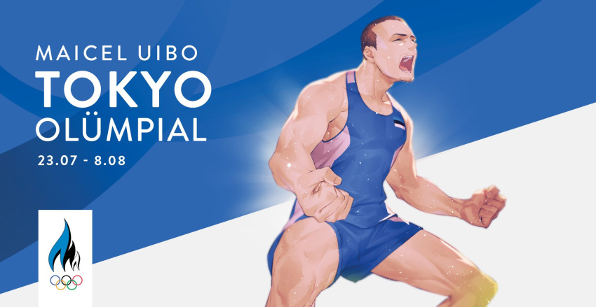 1boy 2020_summer_olympics blue_shorts brown_hair clenched_hands closed_eyes estonian_flag estonian_text facial_hair goatee highres maicel_uibo male_focus monq muscular olympics open_mouth short_hair shorts skin_tight solo sportswear