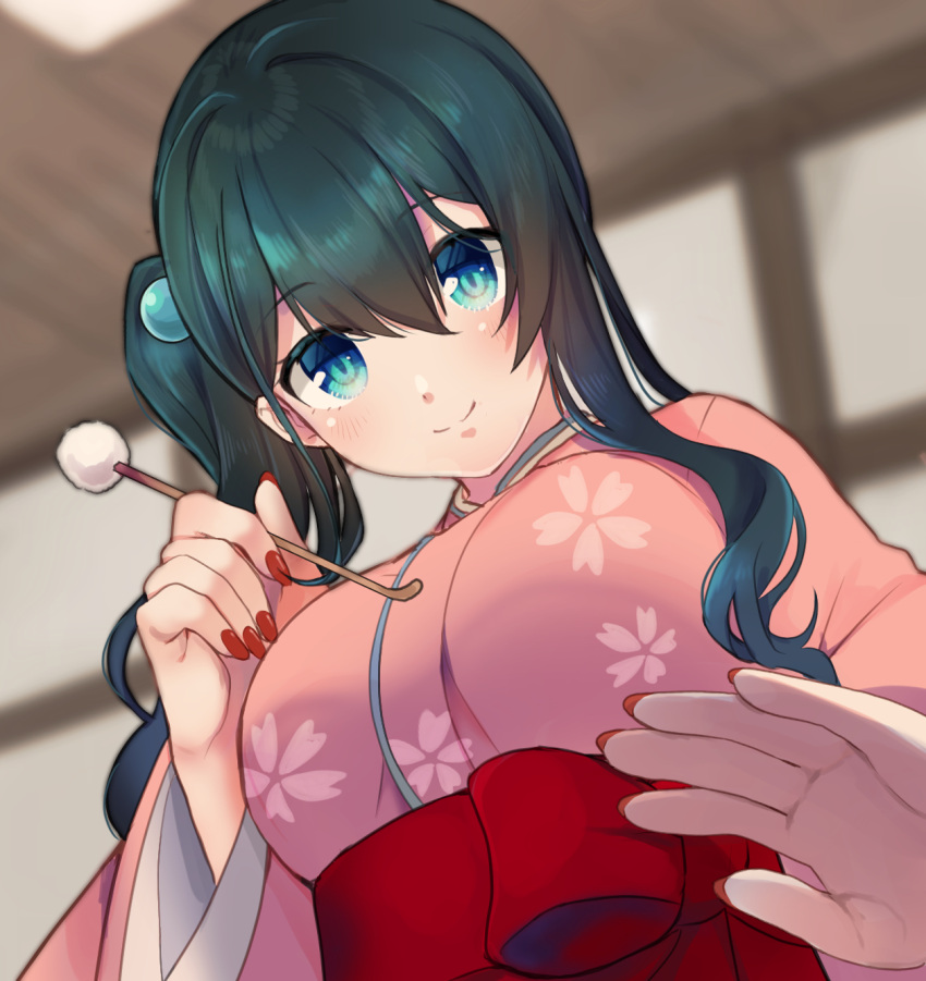 1girl black_hair blue_eyes breasts eyebrows_visible_through_hair from_below highres holding japanese_clothes kimono long_hair looking_at_viewer looking_down medium_breasts mimikaki nijisanji onomachi_haruka red_nails shinomiya_shino_(sinosino141) side_ponytail sidelocks smile solo virtual_youtuber