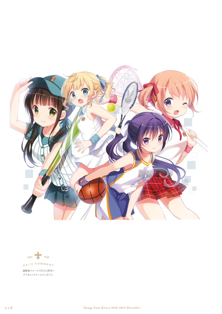 4girls ;d absurdres adjusting_clothes adjusting_headwear artist_name ball baseball_bat baseball_cap baseball_uniform basketball basketball_uniform belt belt_buckle black_belt blonde_hair blue_eyes bow brown_hair buckle closed_mouth collarbone collared_shirt floating_hair gochuumon_wa_usagi_desu_ka? green_eyes grey_headwear grey_shirt grey_skirt hair_bow hair_ribbon hat highres holding holding_racket hoto_cocoa kirima_sharo koi_(koisan) lacrosse light_brown_hair long_hair miniskirt multiple_girls official_art one_eye_closed open_mouth page_number plaid plaid_skirt pleated_skirt ponytail purple_hair racket red_ribbon red_skirt ribbon shiny shiny_hair shirt short_sleeves shorts skirt sleeveless sleeveless_shirt smile sportswear striped striped_vest tedeza_rize tennis_ball tennis_uniform ujimatsu_chiya very_long_hair vest violet_eyes white_bow white_shirt white_skirt wing_collar wristband