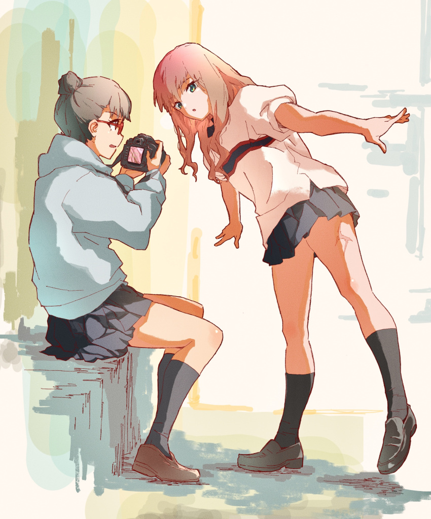 2girls absurdres annoyed bangs black_legwear black_skirt bloom_into_me15 blue_eyes blue_hoodie brown_footwear brown_hair camera character_request commentary_request full_body glasses gridman_universe hair_bun highres holding holding_camera hood hood_down hoodie kneehighs loafers long_hair long_sleeves looking_at_another minami_yume multiple_girls outdoors outstretched_arms parted_lips pleated_skirt scar_on_leg shirt shoes short_sleeves sitting skirt ssss.dynazenon standing standing_on_one_leg unfinished unfinished_background white_shirt
