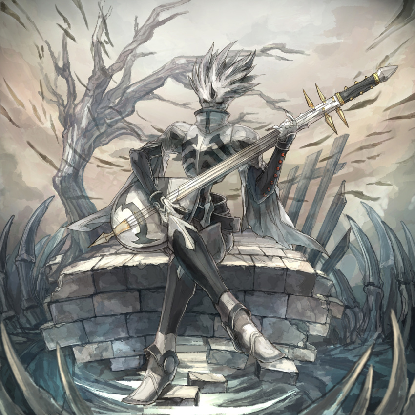 1boy armor bare_tree beet_the_vandel_buster black_eyes black_horns bone breastplate brick broken cape clouds cloudy_sky covered_mouth crack crossed_legs fingernails greaves grey_cape grey_hair grey_theme guitar highres holding holding_instrument horns instrument long_fingernails male_focus moekemari music no_pupils outdoors pauldrons playing playing_instrument see-through sharp_fingernails shoulder_armor single_horn sitting sky solo spiky_hair torn torn_cape torn_clothes tree water white_footwear