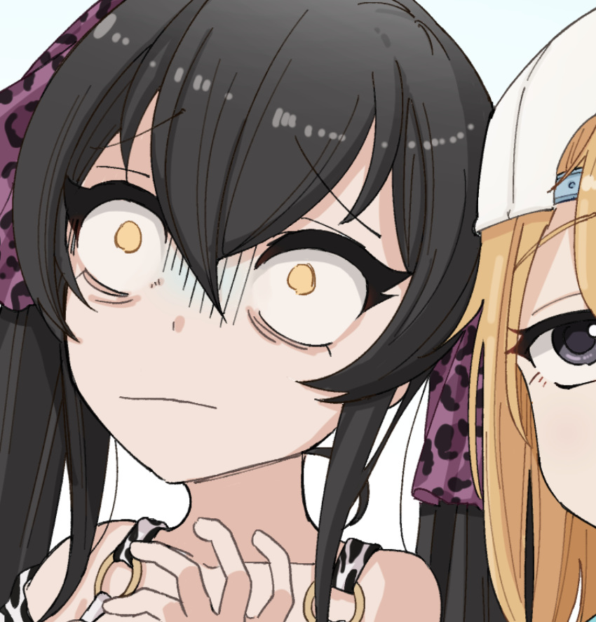 2girls :| animal_print backwards_hat black_hair blonde_hair closed_mouth eyebrows_visible_through_hair grey_eyes hair_between_eyes hat highres idolmaster idolmaster_cinderella_girls inu_chikushou leopard_print long_hair looking_up matoba_risa multiple_girls off_shoulder twintails wide-eyed yellow_eyes yuuki_haru