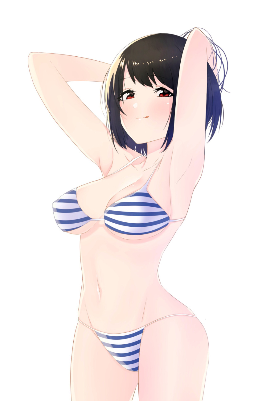 1girl :q armpits arms_behind_head bang_dream! bangs bare_legs bare_shoulders bikini black_hair blush bouhatei_(t-back) breasts commentary_request cowboy_shot groin hand_in_hair head_tilt highres looking_at_viewer medium_breasts navel red_eyes short_hair simple_background smile solo standing stomach striped striped_bikini swimsuit thong_bikini tongue tongue_out tsukishima_marina white_background