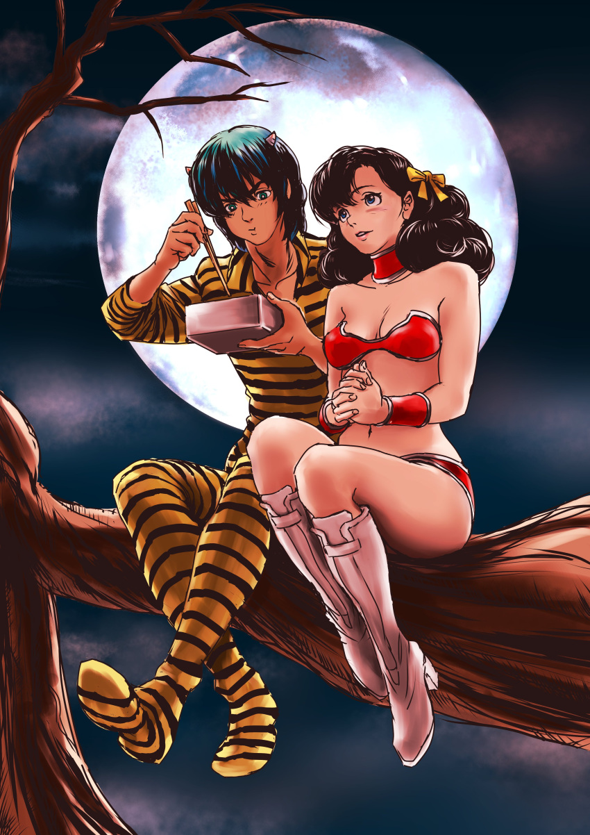 1boy 1girl absurdres animal_print bikini black_hair blue_eyes bodysuit boots bow branch breasts chopsticks collar curly_hair eating full_moon green_eyes green_hair hair_bow high_heel_boots high_heels highres horns knee_boots medium_breasts moon night night_sky ran_(urusei_yatsura) red_bikini rei_(urusei_yatsura) sitting sky swimsuit teikoku_jokyoku tiger_print tree urusei_yatsura wrist_cuffs