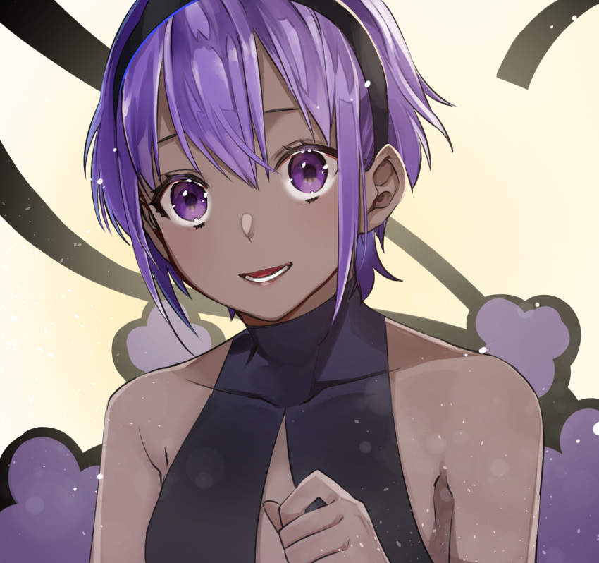 1girl :d black_hairband chun_xia collarbone commentary_request dark_skin fate/grand_order fate_(series) hair_between_eyes hairband hassan_of_serenity_(fate) highres light_blush looking_at_viewer open_mouth purple_hair short_hair smile solo upper_body violet_eyes
