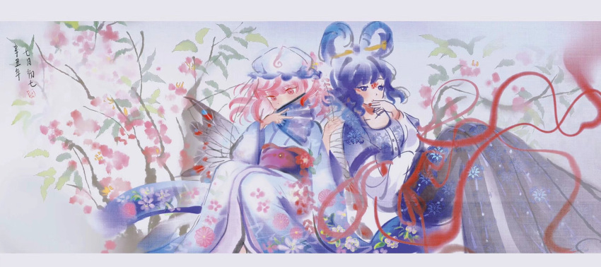 2girls bangs blue_eyes blue_hair blue_headwear blue_kimono blurry blush commentary_request covering_mouth depth_of_field eyebrows_visible_through_hair feet_out_of_frame flower flower_request hair_ornament hair_rings hair_stick hand_fan hand_up hat highres holding holding_fan japanese_clothes kaku_seiga kimono letterboxed looking_ahead looking_down medium_hair mob_cap multiple_girls panghulao pink_eyes pink_flower pink_hair red_flower saigyouji_yuyuko touhou