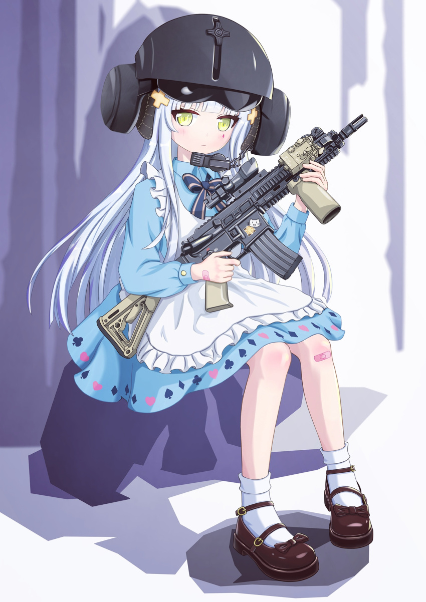 1girl alternate_costume apron assault_rifle blush girls_frontline green_eyes guan_1005 gun h&amp;k_hk416 highres hk416_(girls_frontline) jaeger_(rainbow_six_siege) long_hair rainbow_six_siege rifle silver_hair solo teardrop_tattoo very_long_hair weapon younger