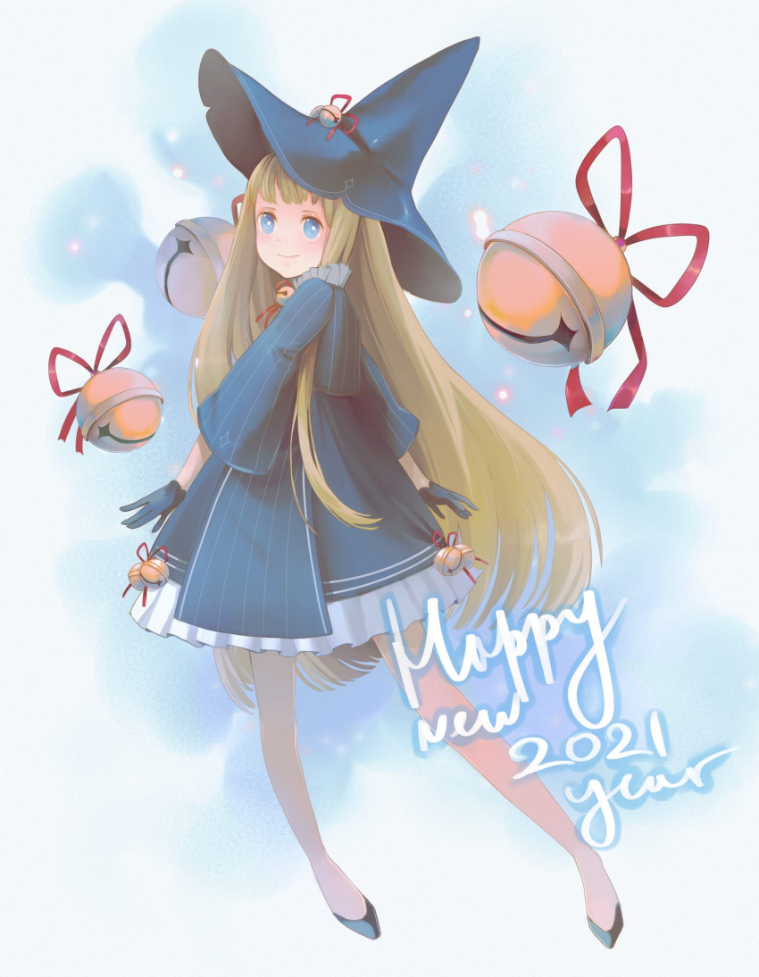 1girl 2021 bell blonde_hair blue_dress blue_eyes blue_gloves blue_headwear blush dress frilled_dress frills gloves happy_new_year hat highres long_hair mysoda neck_bell new_year original oversized_object red_ribbon ribbon smile very_long_hair wide_sleeves