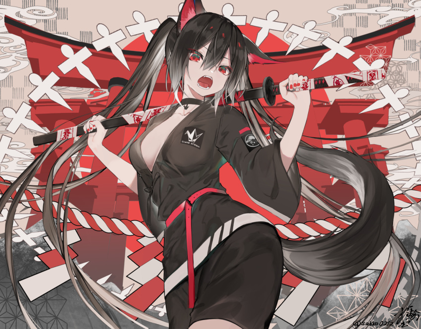 1girl animal_ear_fluff animal_ears bangs belt black_choker black_hair black_kimono breasts choker commentary_request eyebrows_visible_through_hair eyes_visible_through_hair hair_between_eyes hands_up highres holding holding_sheath holding_sword holding_weapon japanese_clothes katana kimono kouhaku_nawa large_breasts long_hair long_sleeves looking_at_viewer nail_polish nekoboshi_sakko open_mouth original red_belt red_eyes red_nails sheath sheathed solo sword tail_raised teeth torii twintails twitter_username very_long_hair weapon wide_sleeves